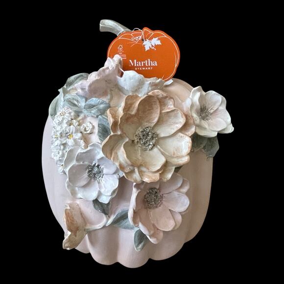 Martha Stewart Floral Embellished Pumpkin 10in Pastel Pink Resin Fall Decor NEW - Picture 1 of 15